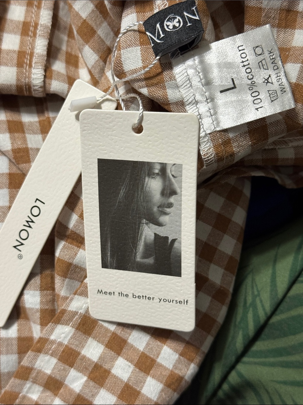 Lomon Brown and White Gingham Button-Front Top L - Picture 7 of 9